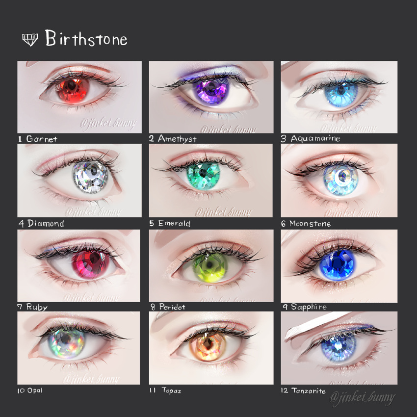 6+others blue_eyes commentary english_commentary english_text eye_focus eyelashes gem green_eyes grey_background koshika_rina looking_at_viewer multicolored_eyes multiple_others orange_eyes original rainbow_eyes red_eyes simple_background twitter_username violet_eyes white_eyes yellow_eyes