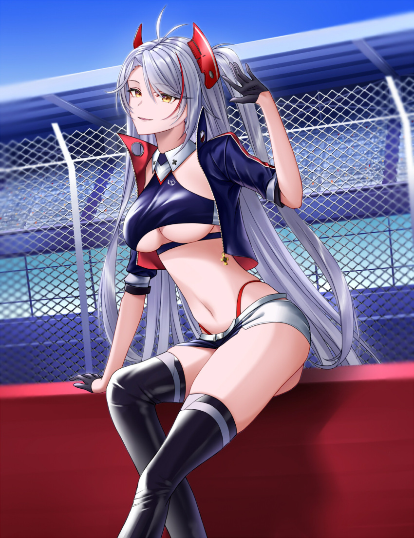 1girl arm_up azur_lane bangs black_gloves black_legwear breasts closed_mouth eyebrows_visible_through_hair feet_out_of_frame gloves hair_between_eyes hair_ornament highres jacket large_breasts long_hair looking_at_viewer multicolored_hair naga_(pixiv70891418) navel open_clothes open_jacket prinz_eugen_(azur_lane) prinz_eugen_(final_lap)_(azur_lane) racequeen shorts silver_hair simple_background sitting smile solo thigh-highs twintails under_boob yellow_eyes