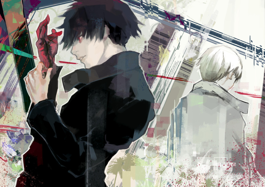 2boys absurdres arima_kishou bangs black_hair black_jacket black_reaper brown_background commentary_request from_behind from_side gloves grey_background grey_hair grey_jacket hands_up highres jacket kaneki_ken kyuuba_melo long_sleeves male_focus multicolored_background multiple_boys official_style parted_lips profile red_eyes red_gloves short_hair tokyo_ghoul tokyo_ghoul:re