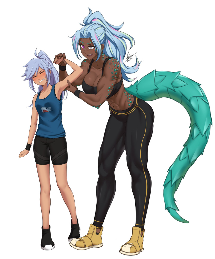 2girls :d abs airisubaka armpits artist_name bare_shoulders bike_shorts black_pants black_sports_bra blue_hair blue_tank_top blush braid breasts cleavage_cutout clenched_teeth closed_eyes clothing_cutout collarbone commentary crown_braid dark-skinned_female dark_skin embarrassed english_commentary eyebrows_visible_through_hair flexing full_body grey_eyes hair_intakes heterochromia highres holding_another's_arm large_breasts leaning_forward long_hair monster_girl multicolored_hair multiple_girls muscular muscular_female original pants pink_hair ponytail pose scales shark_print signature simple_background small_breasts smile sports_bra standing tail tank_top teeth two-tone_hair violet_eyes white_background wristband yoga_pants