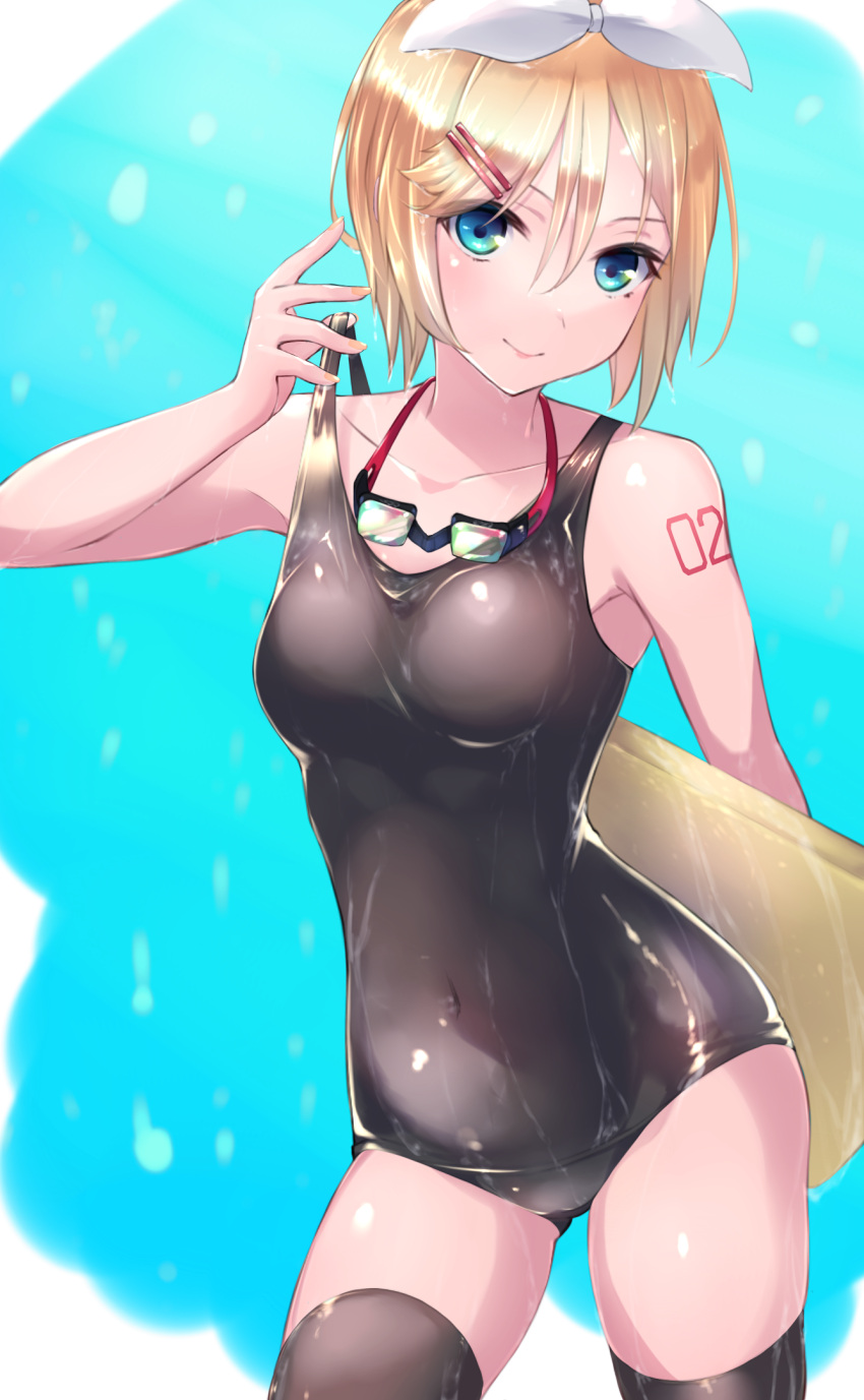 1girl ass_visible_through_thighs black_legwear black_swimsuit blonde_hair blue_eyes bow breasts clothes_pull collarbone covered_navel cowboy_shot goggles goggles_around_neck hair_bow hair_ornament hairclip highres kagamine_rin looking_at_viewer medium_breasts saikuu school_swimsuit solo swimsuit swimsuit_pull tattoo thigh-highs vocaloid wet wet_clothes white_bow