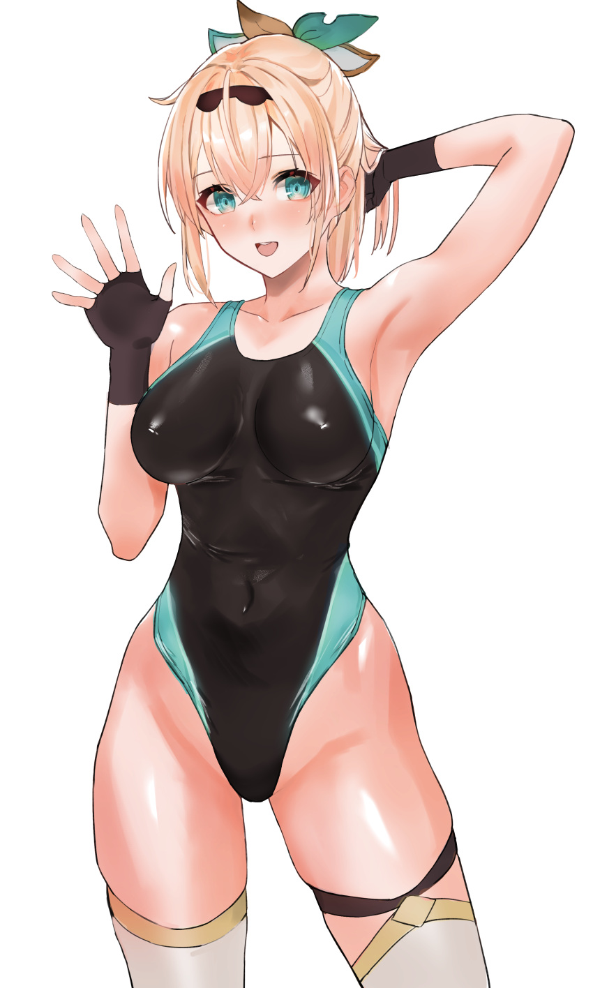 1girl absurdres aqua_eyes arm_behind_head arm_up black_gloves blonde_hair breasts competition_swimsuit covered_nipples fingerless_gloves gloves hair_ornament happy highleg highleg_swimsuit highres hololive kazama_iroha large_breasts navel one-piece_swimsuit open_mouth sawatari_kazuma skin_tight skindentation smile swimsuit thigh-highs thighs virtual_youtuber waving white_legwear