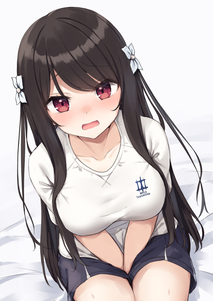 1girl absurdres bangs between_legs black_hair black_shorts blush breasts collarbone commentary_request eyebrows_visible_through_hair flower gym_shirt gym_shorts gym_uniform hair_flower hair_ornament hand_between_legs highres large_breasts long_hair looking_at_viewer open_mouth original red_eyes shirt shorts sidelocks simple_background sitting solo tsuchikure white_background white_shirt