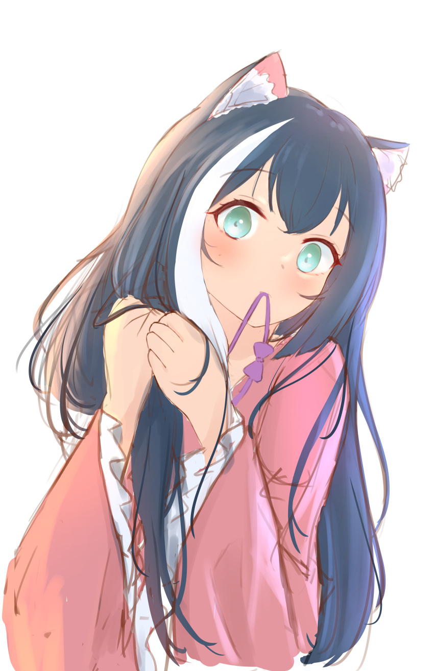 1girl absurdres animal_ear_fluff animal_ears black_hair cat_ears cat_girl eyebrows_visible_through_hair frilled_sleeves frills green_eyes hair_between_eyes hair_tie_in_mouth highres karyl_(princess_connect!) mochachino mouth_hold multicolored_hair pajamas princess_connect! solo streaked_hair tying_hair white_background white_hair