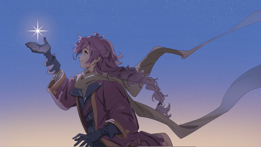 1other blazemalefica braid brown_scarf coat earrings freckles gloves grey_eyes grey_gloves highres jewelry long_hair open_clothes open_coat open_mouth original outdoors parted_lips purple_coat purple_hair scarf single_earring sky smile star_(sky) starry_sky