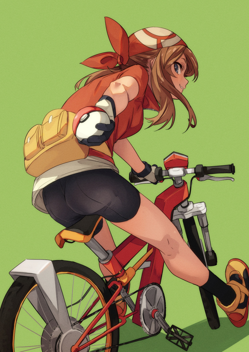 1girl ass bandana bangs bicycle black_legwear blue_eyes breasts brown_hair commentary_request fanny_pack fu-ta gloves green_background ground_vehicle highres holding holding_poke_ball long_hair looking_at_viewer may_(pokemon) parted_lips poke_ball pokemon pokemon_(game) pokemon_rse riding riding_bicycle shoes short_sleeves shorts simple_background skin_tight smile sneakers socks spandex