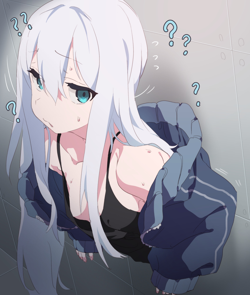 1girl ? ?? blue_eyes breasts highres jacket jacket_partially_removed long_hair mekyokyopon nervous parted_lips project_sekai small_breasts solo sweat through_wall white_hair yoisaki_kanade