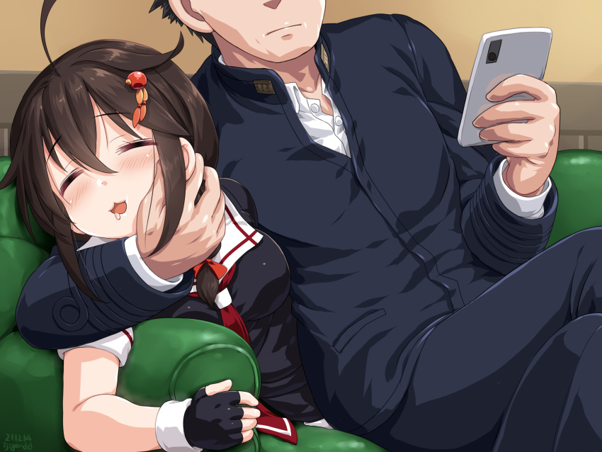 1boy 1girl =_= admiral_(kancolle) ahoge black_gloves black_hair black_serafuku blush braid brown_hair buttons cellphone closed_mouth collared_shirt couch dated dd_(ijigendd) drooling eyebrows_visible_through_hair fingerless_gloves gloves hair_between_eyes hair_flaps highres holding holding_phone kantai_collection long_hair long_sleeves military military_uniform naval_uniform neckerchief open_mouth phone red_neckerchief remodel_(kantai_collection) school_uniform serafuku shigure_(kancolle) shirt short_sleeves single_braid sitting sleeping smartphone twitter_username uniform white_shirt