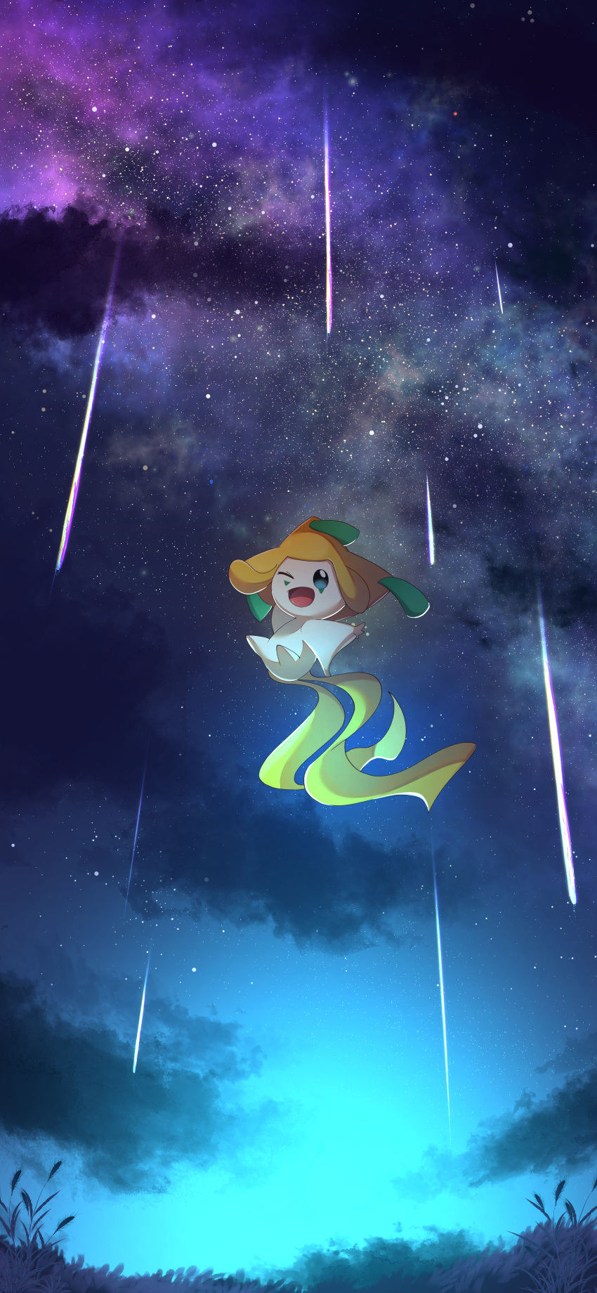 ;d absurdres clouds commentary_request flying green_eyes highres jirachi meteor_shower nata_de_coco_(pankptomato) night one_eye_closed open_mouth outdoors pokemon sky smile tongue