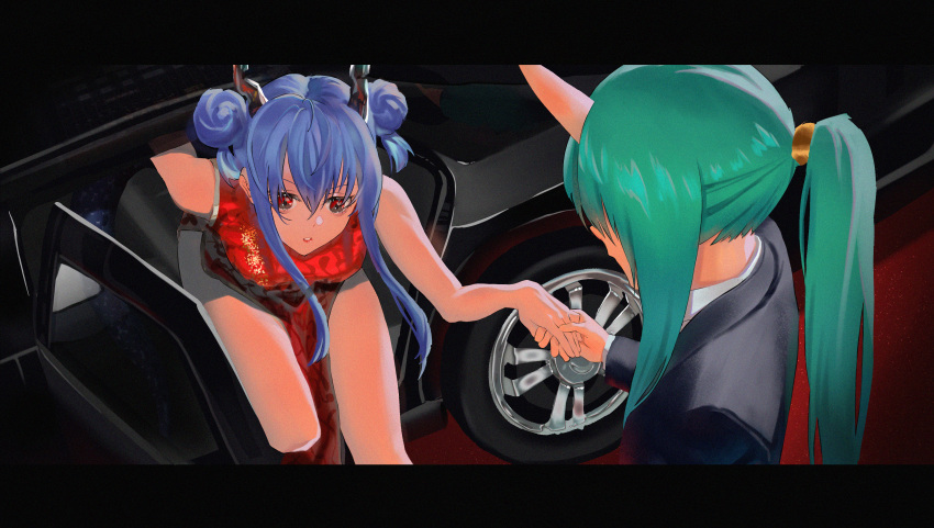 2girls absurdres arknights blue_hair car ch'en_(ageless_afterglow)_(arknights) ch'en_(arknights) china_dress chinese_clothes commentary double_bun dragon_girl dragon_horns dragon_tail dress formal green_hair ground_vehicle highres holding_hands horns hoshiguma_(arknights) letterboxed long_hair motor_vehicle multiple_girls official_alternate_costume oni_horns parted_lips ponytail red_dress red_eyes sidelocks single_horn sleeveless sleeveless_dress suit tail yurusu_delight