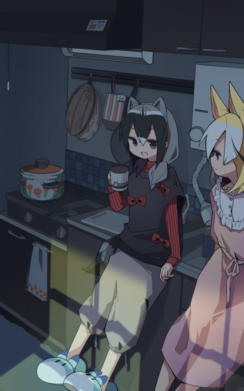 2girls alternate_costume animal_ears black_hair black_shirt blonde_hair bow capri_pants casual collar common_raccoon_(kemono_friends) dress eyebrows_visible_through_hair fennec_(kemono_friends) fox_ears fox_girl frilled_collar frills grey_hair grey_pants hair_between_eyes highres kemono_friends kitchen leaning multicolored_hair multiple_girls nanana_(nanana_iz) pants pink_dress raccoon_ears raccoon_girl raccoon_tail red_bow red_sweater shirt short_hair short_sleeves slippers sweater t-shirt tail white_collar white_hair