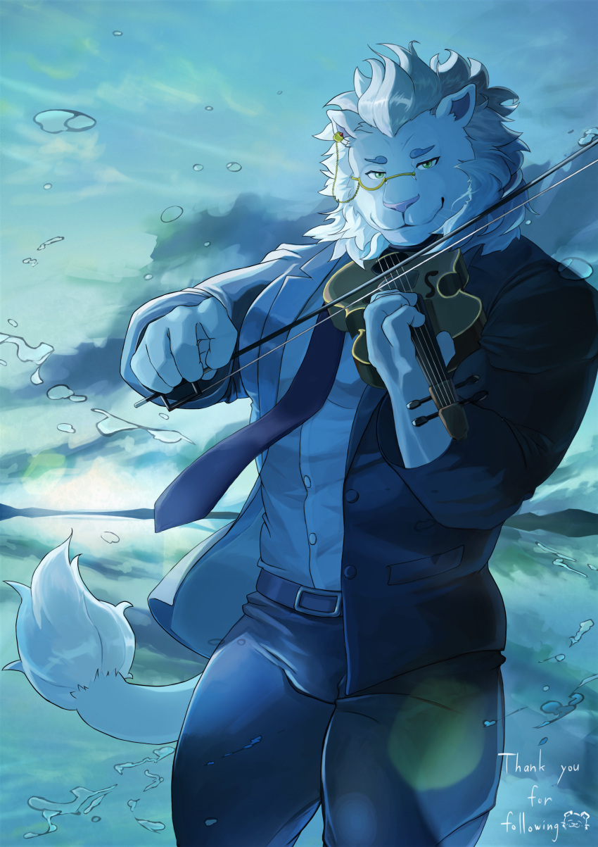 1boy absurdres belt black_pants black_suit blue_theme earclip furry furry_male green_eyes highres instrument lion looking_at_viewer male_focus monocle music pants playing_instrument smile snow_(housamo) solo standing thank_you thick_thighs thighs tokyo_afterschool_summoners torakku_(toratruck9) violin white_hair
