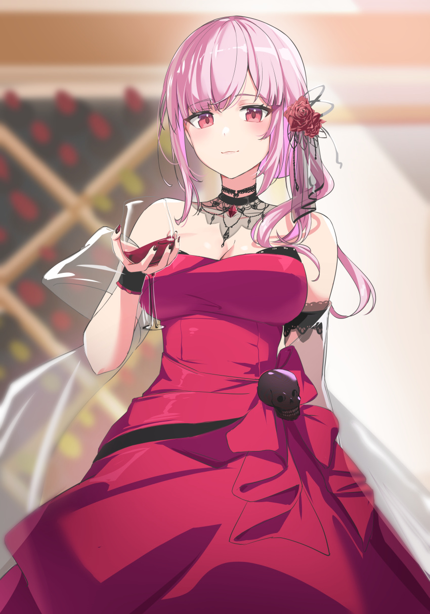 1girl absurdres alcohol bare_shoulders black_choker blush bottle breasts choker cup dress drinking_glass english_commentary flower hair_flower hair_ornament highres holding holding_cup hololive hololive_english jewelry lace-trimmed_choker lace_trim large_breasts long_hair looking_at_viewer mori_calliope official_alternate_costume pink_eyes pink_hair red_dress red_flower red_rose red_wine reulem rose sash side_ponytail skull sleeveless sleeveless_dress smile solo strapless strapless_dress virtual_youtuber wine wine_bottle wine_cellar wine_glass wine_rack
