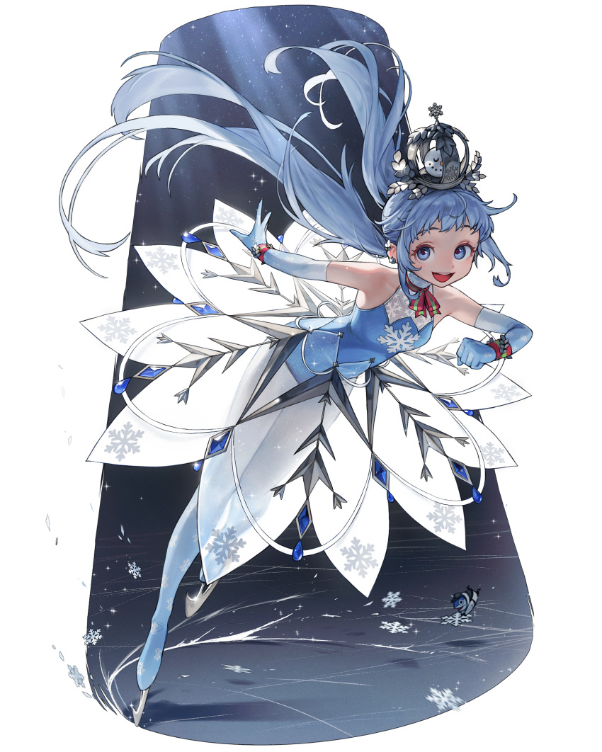 1girl :d absurdres blue_dress blue_eyes blue_hair breasts crown dress elbow_gloves figure_skating figure_skating_dress gloves highres ice_skates ice_skating long_hair looking_at_viewer low_twintails original rinotuna sheer_clothes skates skating small_breasts smile snowflake_print snowflakes solo teeth twintails upper_teeth very_long_hair