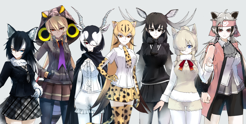 &gt;:) 6+girls ahoge alpaca_ears alpaca_suri_(kemono_friends) animal_ears antelope_ears antelope_horns arm_at_side arms_at_sides bangs bear_ears behind_another bike_shorts bike_shorts_under_skirt black_hair black_legwear blackbuck_(kemono_friends) blonde_hair bloomers blouse blue_eyes bodystocking brown_eyes brown_hair cape center_frills cheetah_(kemono_friends) cheetah_ears cheetah_girl cheetah_print cheetah_tail closed_mouth collared_shirt colored_inner_hair detached_hood dress_shirt elbow_gloves extra_ears eyebrows_visible_through_hair ezo_brown_bear_(kemono_friends) frills fur_bracelet fur_collar fur_scarf gloves grey_background grey_hair grey_wolf_(kemono_friends) hair_between_eyes hair_bun hair_over_one_eye hand_in_pocket hand_on_hip hand_up headband height_difference heterochromia high_collar highres hood hood_up horizontal_pupils horns impossible_hair jacket kemono_friends king_cobra_(kemono_friends) light_smile long_hair long_sleeves looking_at_viewer microskirt miniskirt moose_(kemono_friends) moose_ears multicolored_eyes multicolored_hair multiple_girls neck_ribbon necktie orange_eyes pantyhose plaid plaid_necktie plaid_skirt pleated_skirt pocket print_gloves print_legwear print_necktie print_skirt red_eyes ribbon scarf shirt shorts side-by-side sidelocks simple_background skirt slit_pupils smile snake_tail sweater sweater_vest swept_bangs tail tan thigh-highs torn_clothes torn_sleeves twintails two-tone_hair underwear v-shaped_eyebrows very_long_hair white_hair white_shirt wing_collar wolf_ears wolf_girl wolf_tail yappa_muri zettai_ryouiki