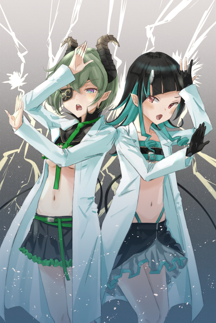 2girls bangs belt beltbra black_gloves black_hair black_skirt blue_belt blue_eyes blue_hair blue_panties blush breasts chest_belt coat demon_girl demon_horns demon_tail eyepatch fang feet_out_of_frame flat_chest gloves green_hair green_necktie grey_skirt highleg highleg_panties highres honey_strap horns labcoat layered_skirt long_hair long_sleeves looking_at_viewer medium_breasts midriff miniskirt multicolored_hair multiple_girls navel necktie open_mouth panties partially_fingerless_gloves pointy_ears red_eyes sankyo_(821-scoville) sekishiro_mico shishio_chris short_hair skirt sugar_lyric tail two-tone_hair under_boob underwear virtual_youtuber white_coat zipper_skirt