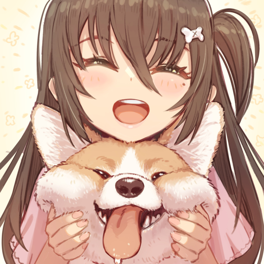 1girl animal_hug bangs blush bone_hair_ornament brown_hair chinese_commentary closed_eyes commentary_request dog facing_viewer hair_ornament highres long_hair mole mole_under_eye one_side_up open_mouth original smile solo tongue tongue_out upper_body yellowpaint.