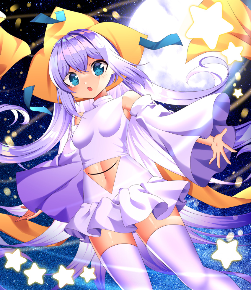 1girl :o bangs bare_shoulders blue_eyes blush breasts clothing_cutout commentary_request detached_sleeves eyebrows_visible_through_hair floating_hair hat highres jirachi kimautomne long_hair looking_at_viewer navel navel_cutout open_mouth personification pokemon purple_hair ribbon shiny shiny_hair shiny_skin space spread_fingers star_(symbol) thigh-highs yellow_headwear