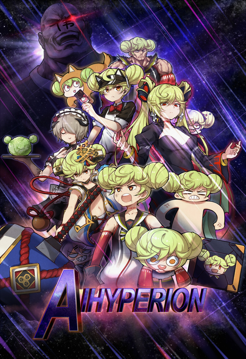 1boy 6+girls ai-chan_(honkai_impact) anger_vein angry apron avengers:_endgame avengers_(series) bald bangs black_dress black_gloves brown_gloves brown_hair card closed_eyes closed_mouth da_wei diaoxian_kuangmo double_bun dress elbow_gloves gloves glowing glowing_eye green_eyes green_hair hair_ornament hair_over_one_eye hammer highres holding holding_card holding_hammer honkai_(series) honkai_impact_3rd long_hair long_sleeves looking_at_viewer loot_box maid maid_apron maid_headdress marvel marvel_cinematic_universe multiple_girls multiple_persona muscular muscular_female navel open_mouth orange_eyes parody rita_rossweisse rita_rossweisse_(umbral_rose) shirt short_sleeves sin_mal sleeveless sleeveless_shirt sleeves_rolled_up space twintails v-shaped_eyebrows