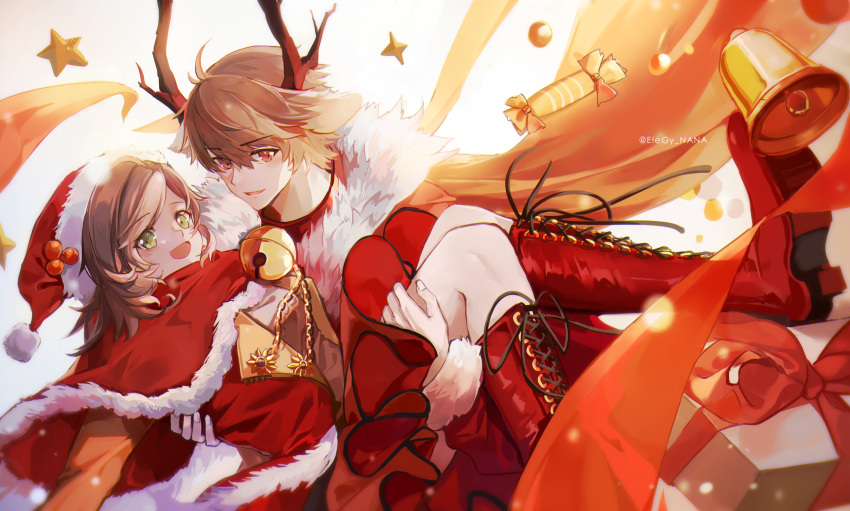1boy 1girl :d absurdres antlers bangs bell boots brown_eyes brown_hair candy capelet carrying christmas collar dress food fur_collar green_eyes hat highres knee_boots long_sleeves looking_at_viewer luke_pearce_(tears_of_themis) nana895 neck_bell open_mouth princess_carry red_capelet red_dress red_footwear reindeer_antlers rosa_(tears_of_themis) santa_costume santa_hat smile star_(symbol) tears_of_themis