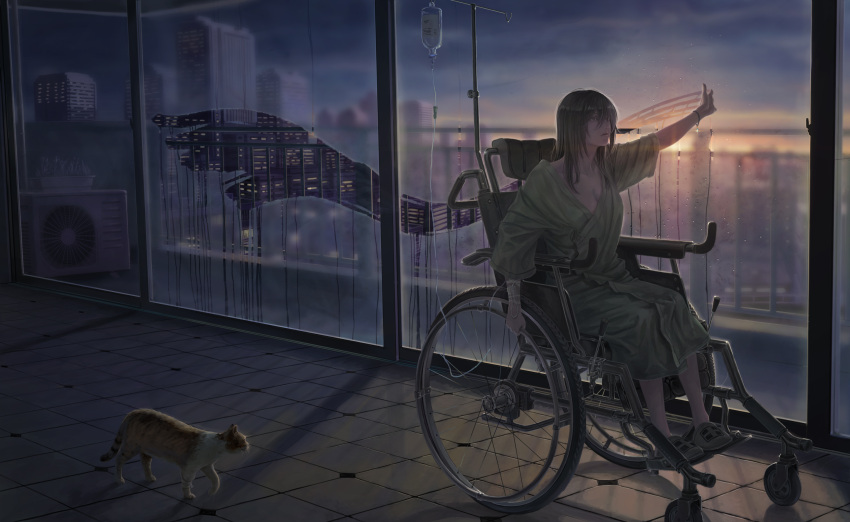 1girl absurdres animal backlighting cat full_body hand_on_glass highres hospital_gown indoors intravenous_drip iv_stand lips long_hair namako_mikan original outstretched_arm outstretched_hand sandals scenery sky spread_fingers tile_floor tiles twilight wheelchair window