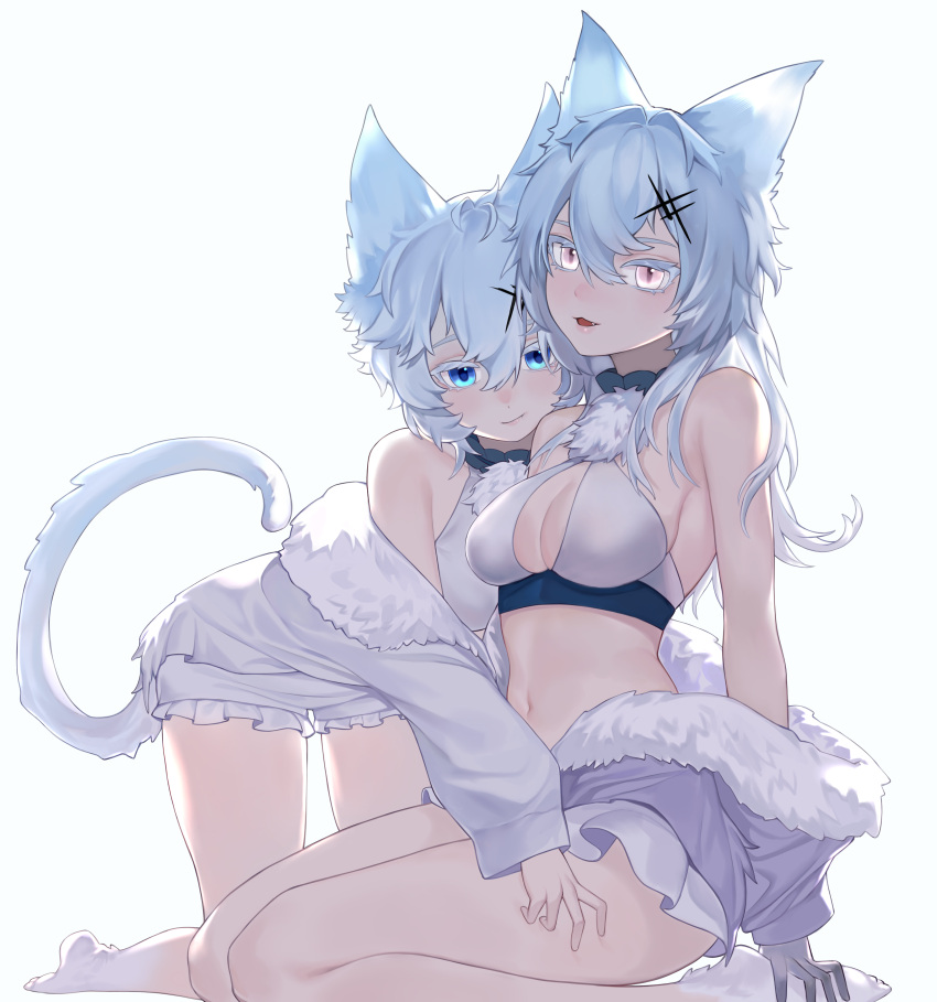 2girls :3 absurdres alchemy_stars all_fours animal_ears bangs bare_shoulders bikini blue_eyes breasts cat_ears cat_girl cat_tail center_opening closed_mouth fang frilled_shirt frills fur fur-trimmed_jacket fur_trim hair_between_eyes hair_ornament highres jacket long_hair looking_at_viewer medium_breasts multiple_girls navel open_clothes open_jacket open_mouth philyshy_(alchemy_stars) shirt short_hair shorts simple_background sitting smile stomach swimsuit tail white_background white_bikini white_hair white_jacket white_shorts x_hair_ornament yellow_eyes yowza yumi_(alchemy_stars)
