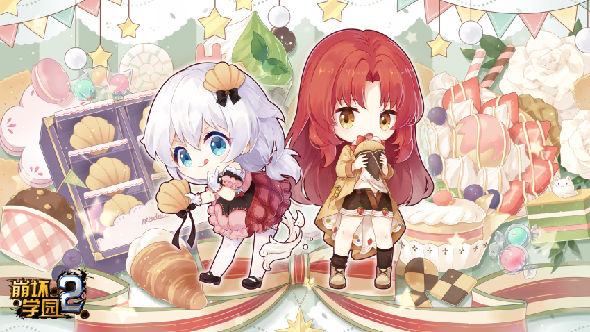2girls artist_request bangs bare_shoulders benghuai_xueyuan black_footwear blue_eyes bread brown_coat brown_footwear brown_legwear brown_shorts chibi closed_mouth coat crepe dress food full_body gloves highres holding holding_food honkai_(series) honkai_impact_3rd kneehighs long_hair long_sleeves looking_at_viewer macaron multiple_girls murata_himeko official_art open_mouth pink_dress ponytail redhead shell_hair_ornament shoes short_sleeves shorts smile theresa_apocalypse thigh-highs tongue tongue_out v-shaped_eyebrows white_gloves white_hair white_legwear yellow_eyes