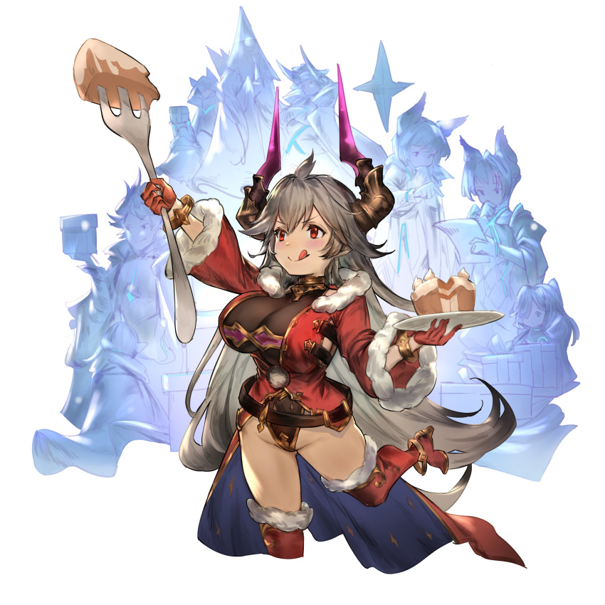 absurdres armor atorosu bangle belt beltskirt bodystocking bodysuit boots bracelet breasts cake center_opening curvy draph eyebrows_visible_through_hair food fork full_body fur_trim gloves granblue_fantasy grey_hair groin hair_between_eyes half_gloves high_heel_boots high_heels highleg highleg_leotard highres horns impossible_bodysuit impossible_clothes jacket jewelry large_breasts leg_up leotard leotard_under_clothes long_sleeves looking_at_food open_clothes open_jacket red_eyes red_gloves sideboob solo_focus standing standing_on_one_leg thigh-highs thigh_boots threo_(granblue_fantasy) tongue tongue_out wide_sleeves