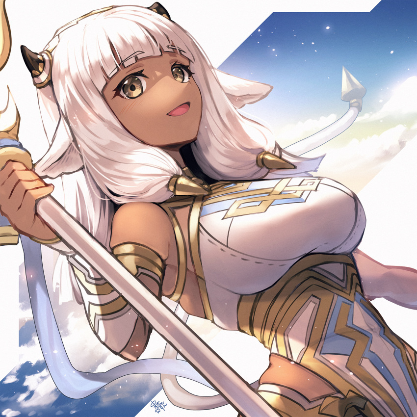 1girl animal_ears ash_(fire_emblem) bangs bare_shoulders black_horns blunt_bangs blush breasts brown_eyes commentary_request cow_ears cow_girl cow_horns cow_tail dark-skinned_female dark_skin detached_sleeves dress fire_emblem fire_emblem_heroes highres holding holding_staff holding_weapon horns large_breasts long_hair looking_at_viewer nakabayashi_zun open_mouth signature smile solo staff tail tongue upper_body weapon white_dress white_hair white_sleeves