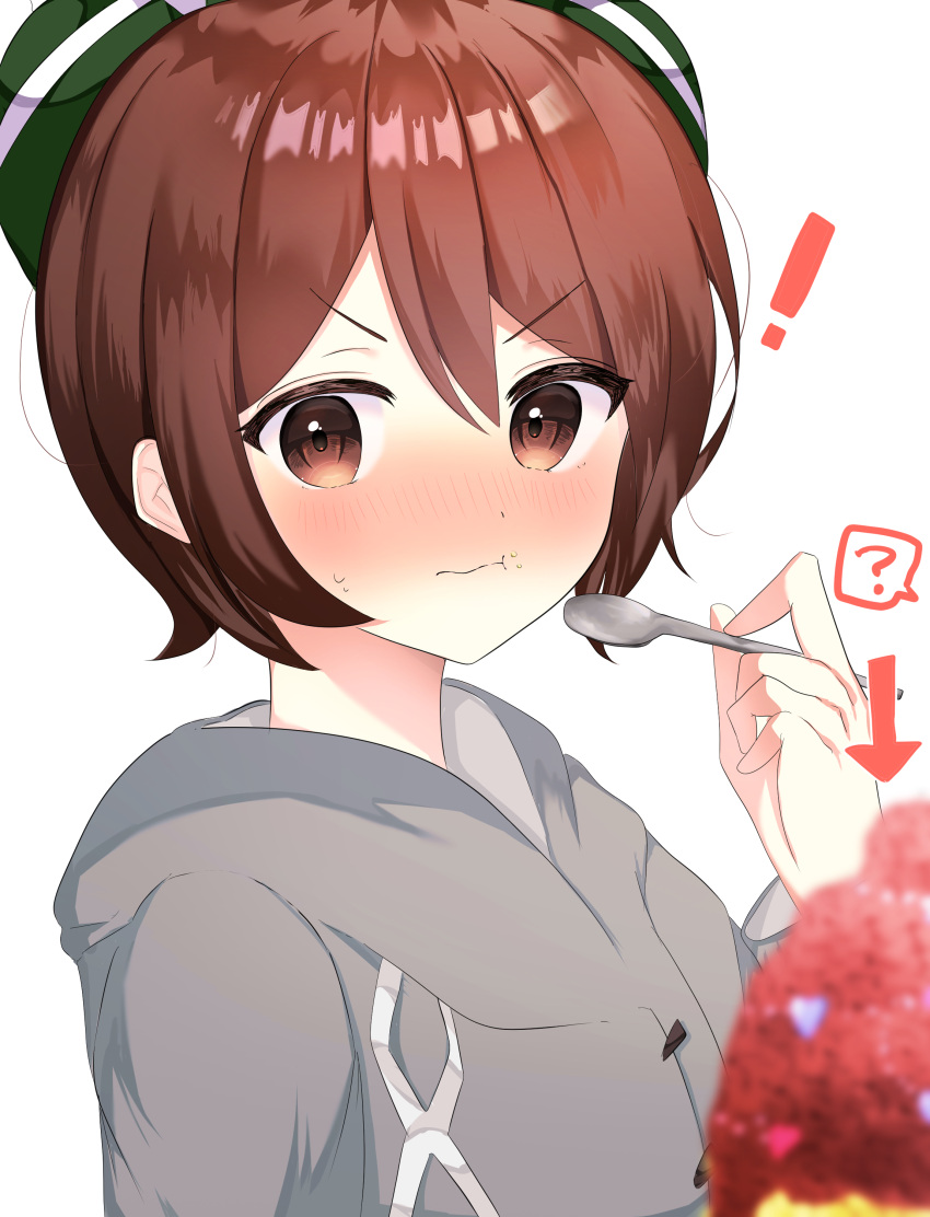 ! 1girl :t ? absurdres arrow_(symbol) bangs blurry blush bob_cut brown_eyes brown_hair cable_knit cardigan closed_mouth commentary_request curry eyebrows_visible_through_hair food food_on_face gloria_(pokemon) green_headwear grey_cardigan hair_between_eyes hand_up hat highres holding holding_spoon nagisa_(khfx8325) pokemon pokemon_(game) pokemon_swsh shiny shiny_hair short_hair solo spoken_question_mark spoon tam_o'_shanter upper_body v-shaped_eyebrows white_background