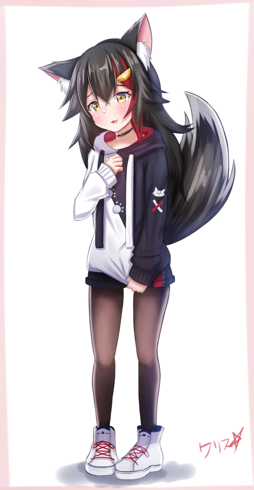 1girl absurdres animal_ear_fluff animal_ears bangs black_hair black_legwear black_sweater blush boppin choker eyebrows_visible_through_hair full_body hair_between_eyes hair_ornament highres hololive long_hair looking_at_viewer ookami_mio parted_lips shoes signature simple_background solo sweater tail tail_raised thighs virtual_youtuber white_background white_footwear white_sweater yellow_eyes