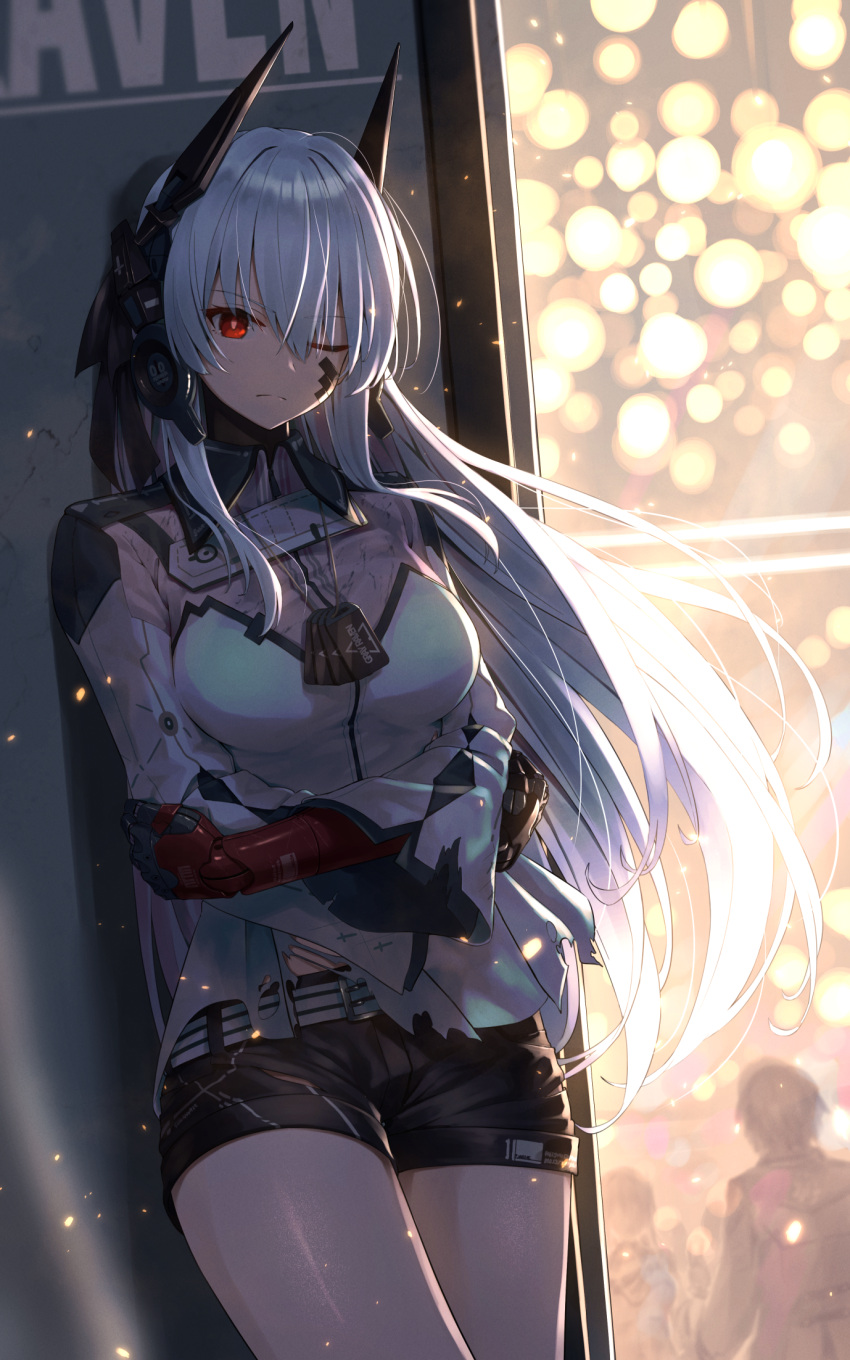 1girl belt black_shorts character_request dog_tags eyebrows_visible_through_hair greenkohgen highres long_hair looking_at_viewer mechanical_arms one_eye_closed punishing:_gray_raven red_eyes short_shorts shorts single_mechanical_arm solo white_hair