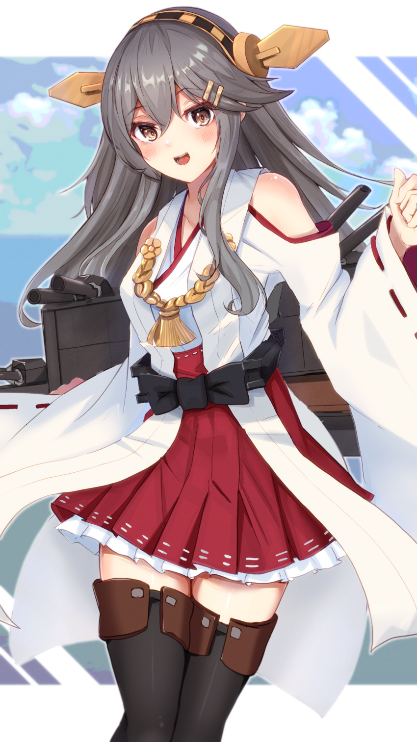 1girl absurdres boots cannon detached_sleeves frilled_skirt frills grey_hair hair_ornament hairband hairclip haruna_(kancolle) headgear highres japanese_clothes kantai_collection long_hair nontraditional_miko red_skirt ribbon-trimmed_sleeves ribbon_trim rigging skirt solo thigh-highs thigh_boots toketa-sekai turret