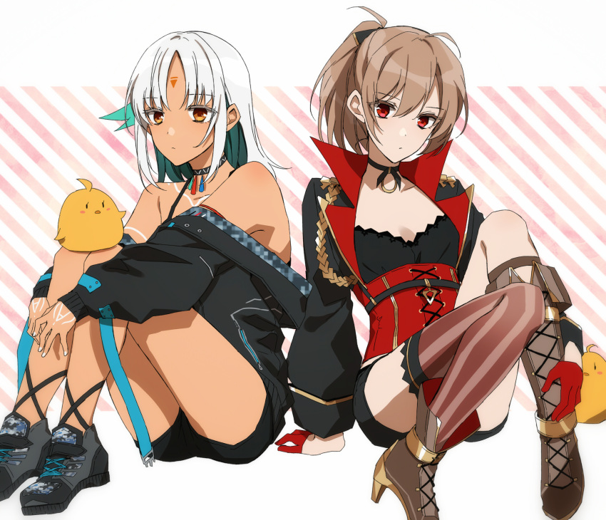 2girls amazuki_jou anchor_earrings asymmetrical_footwear azur_lane black_jacket body_markings bodypaint boots camouflage_footwear colored_inner_hair combat_boots corset dark_skin earrings facial_mark feather_hair_ornament feathers forehead_mark gloves gold_choker hair_ornament half_gloves highres jacket jean_bart_(azur_lane) jewelry knee_boots light_brown_hair massachusetts_(azur_lane) multicolored_hair multiple_girls native_american off_shoulder ponytail red_corset red_eyes short_shorts shorts single_knee_boot skull_belt striped striped_legwear uneven_footwear white_nails yellow_eyes younger