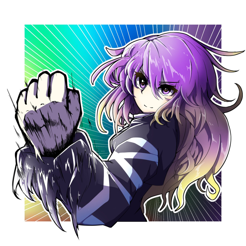 1girl bangs blonde_hair border closed_mouth emphasis_lines eyebrows_visible_through_hair gradient_hair highres hijiri_byakuren hurin_raika juliet_sleeves long_hair long_sleeves looking_at_viewer motion_lines multicolored_hair one-hour_drawing_challenge puffy_sleeves purple_hair rainbow_background smile solo touhou two-tone_hair upper_body v-shaped_eyebrows violet_eyes white_border