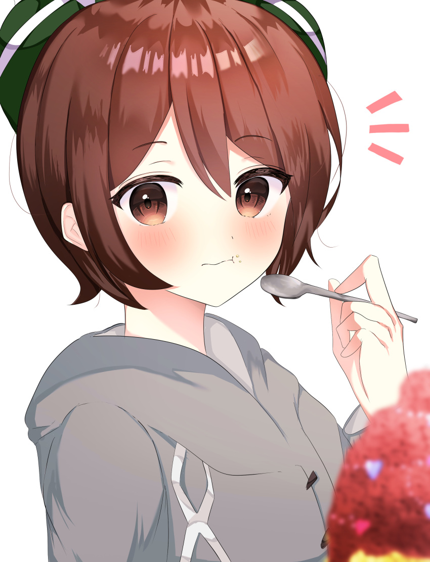 1girl :t absurdres bangs blurry bob_cut brown_eyes brown_hair cable_knit cardigan closed_mouth commentary_request curry eyebrows_visible_through_hair food food_on_face gloria_(pokemon) green_headwear grey_cardigan hair_between_eyes hand_up hat highres holding holding_spoon nagisa_(khfx8325) notice_lines pokemon pokemon_(game) pokemon_swsh shiny shiny_hair short_hair solo spoon tam_o'_shanter upper_body white_background