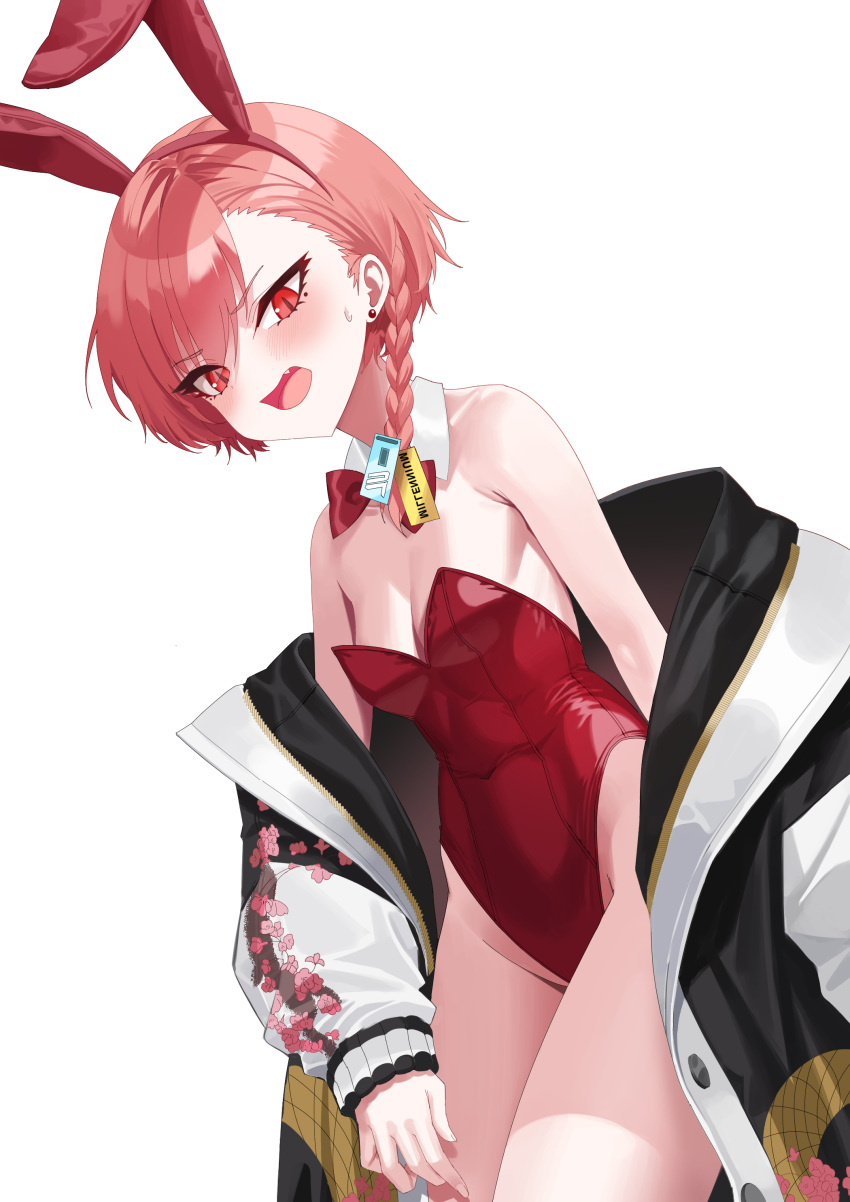 1girl absurdres ahoge animal_ears blue_archive bow bowtie breasts cowboy_shot detached_collar fake_animal_ears halo highres huge_ahoge jacket leotard mole mole_under_eye neru_(blue_archive) oversized_breast_cup pink_hair playboy_bunny print_jacket rabbit_ears re-leaf red_bow red_bowtie red_eyes red_leotard simple_background small_breasts solo strapless strapless_leotard sukajan white_background