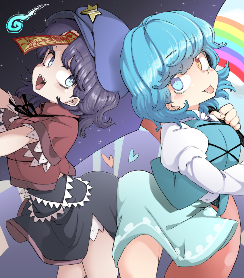 2girls bangs black_ribbon blue_eyes blue_hair blue_headwear blue_skirt blue_vest blush breasts butt_bump cabbie_hat chinese_clothes closed_mouth commentary_request cowboy_shot eyebrows_visible_through_hair hat hat_ornament heart heterochromia highres hitodama holding holding_umbrella jiangshi juliet_sleeves karakasa_obake lace-trimmed_sleeves lace_trim large_breasts long_sleeves looking_at_viewer medium_breasts medium_hair miyako_yoshika multiple_girls ofuda open_mouth outstretched_arms puffy_sleeves purple_hair rainbow red_eyes red_shirt ribbon sharp_teeth shika_miso shirt short_hair short_sleeves skirt smile star_(symbol) star_hat_ornament tangzhuang tatara_kogasa teeth tongue tongue_out touhou umbrella vest white_shirt zombie_pose