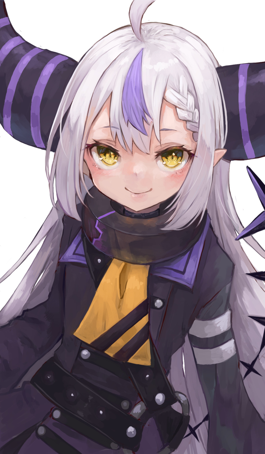 1girl ahoge black_horns blush braid closed_mouth commentary_request highres hololive horns la+_darknesss long_hair looking_at_viewer multicolored_hair nyucha purple_hair shirt simple_background smile solo streaked_hair striped_horns upper_body virtual_youtuber white_hair white_shirt yellow_eyes