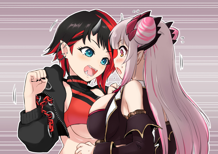 2girls bangs black_hair black_jacket black_nails black_sleeves black_sports_bra blue_eyes blush breast_contest breast_press breasts brown_eyes chain commentary_request cropped_jacket demon_girl demon_horns detached_sleeves ear_chain ear_piercing eyebrows_visible_through_hair grey_hair hair_cones highres honey_strap horns jacket jyaco large_breasts long_hair looking_down multicolored_hair multiple_girls nail_polish necktie open_clothes open_jacket open_mouth outline piercing pink_hair pointy_ears red_necktie red_sports_bra redhead ryugasaki_rene shirt short_hair sleeveless sleeveless_shirt sports_bra streaked_hair sugar_lyric suou_patra symmetrical_docking textless two-tone_hair under_boob upper_body virtual_youtuber zipper