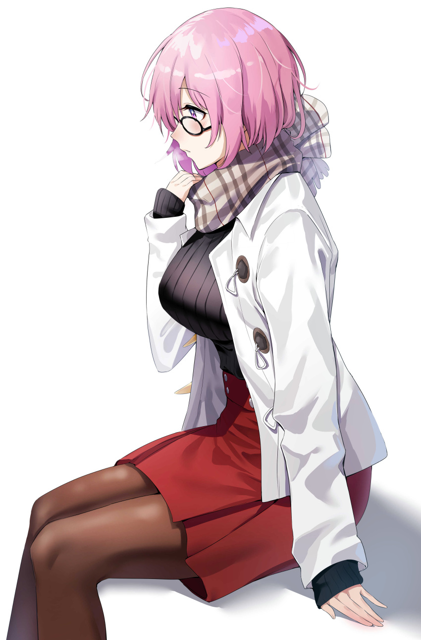 1girl absurdres bangs black_sweater breasts brown_legwear fate/grand_order fate_(series) glasses grey_scarf hair_over_one_eye highres jacket large_breasts light_purple_hair long_sleeves mash_kyrielight memero_7272 open_clothes open_jacket pantyhose red_skirt ribbed_sweater scarf short_hair sitting skirt solo sweater violet_eyes white_jacket