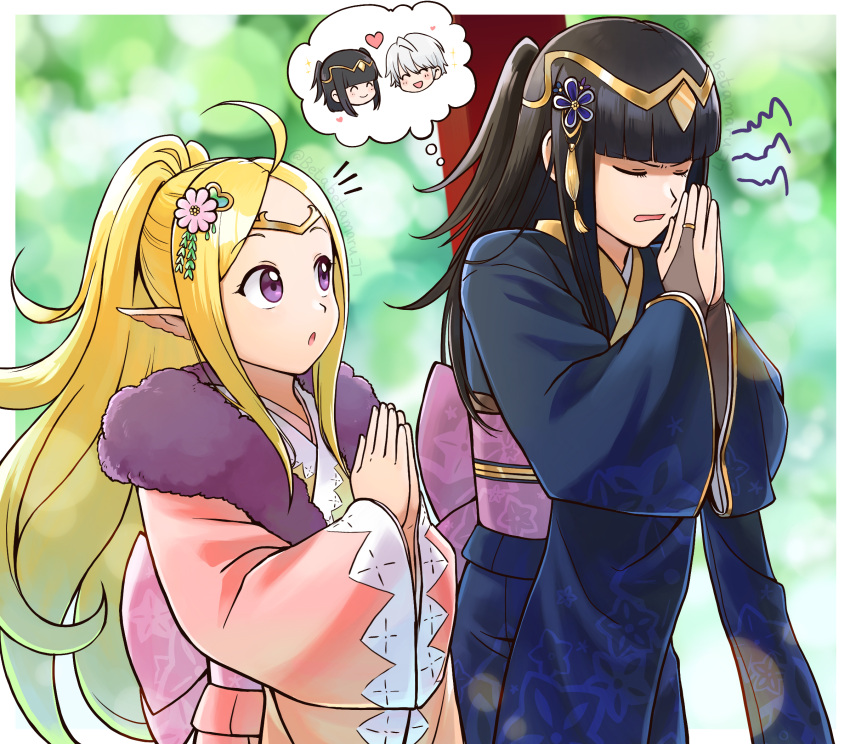 2girls alternate_costume betabetamaru black_hair blonde_hair bridal_gauntlets closed_eyes commission fire_emblem fire_emblem_awakening gradient_hair grey_hair heart highres japanese_clothes kimono multicolored_hair multiple_girls nowi_(fire_emblem) own_hands_together pointy_ears ponytail praying robin_(fire_emblem) robin_(fire_emblem)_(male) short_twintails skeb_commission tharja_(fire_emblem) twintails violet_eyes