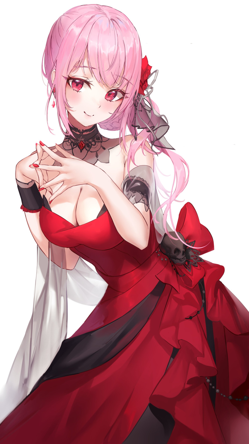 1girl absurdres breasts closed_mouth dress earrings fingers_together hair_ornament highres hololive hololive_english jewelry large_breasts looking_at_viewer mori_calliope pdxen pink_hair red_dress red_eyes red_nails side_ponytail skull smile solo symbol-only_commentary virtual_youtuber