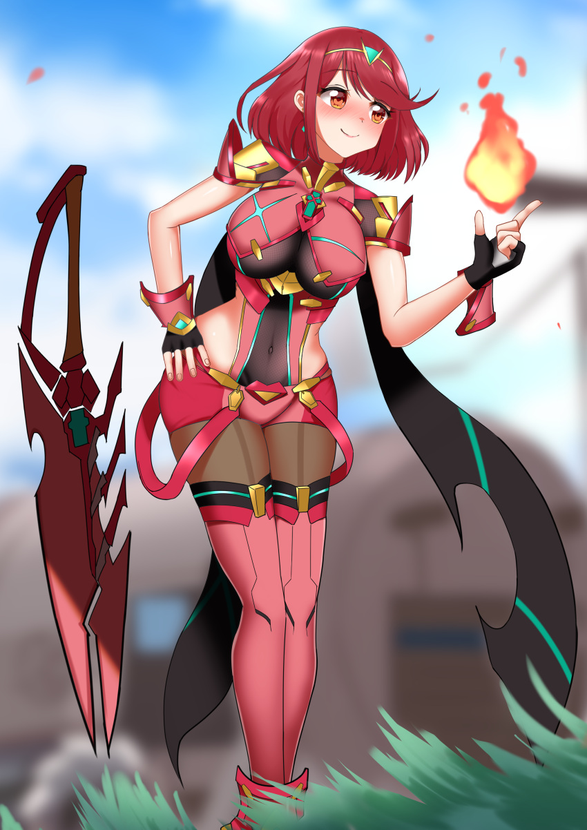 absurdres aegis_sword_(xenoblade) bangs black_gloves breasts chest_jewel earrings fingerless_gloves gloves highres ii_tea jewelry large_breasts pyra_(xenoblade) red_eyes red_legwear red_shorts redhead short_hair short_shorts shorts super_smash_bros. swept_bangs sword thigh-highs tiara weapon xenoblade_chronicles_(series) xenoblade_chronicles_2