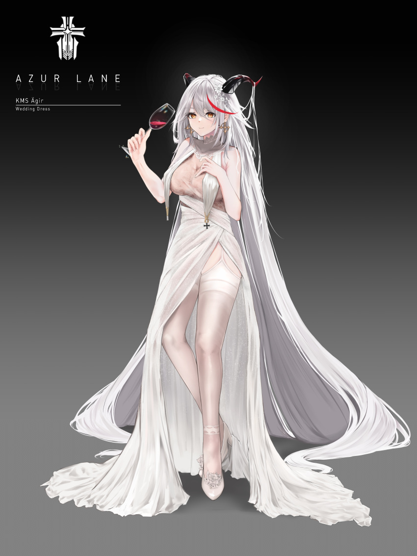 1girl absurdly_long_hair absurdres aegir_(azur_lane) alcohol azur_lane breast_curtains breasts bride character_name cosplay cross cross_earrings cup demon_horns dress drinking_glass earrings full_body garter_straps gradient gradient_background grey_background hair_between_eyes hair_on_horn hair_ornament hand_on_own_chest high_heels highres holding holding_cup horns iron_blood_(emblem) jewelry large_breasts long_hair multicolored_hair redhead see-through sleeveless sleeveless_dress solo streaked_hair taihou_(azur_lane) taihou_(azur_lane)_(cosplay) taihou_(temptation_on_the_sea_breeze)_(azur_lane) thigh-highs turboflower two-tone_hair very_long_hair white_dress white_footwear white_garter_straps white_hair white_legwear wine wine_glass yellow_eyes