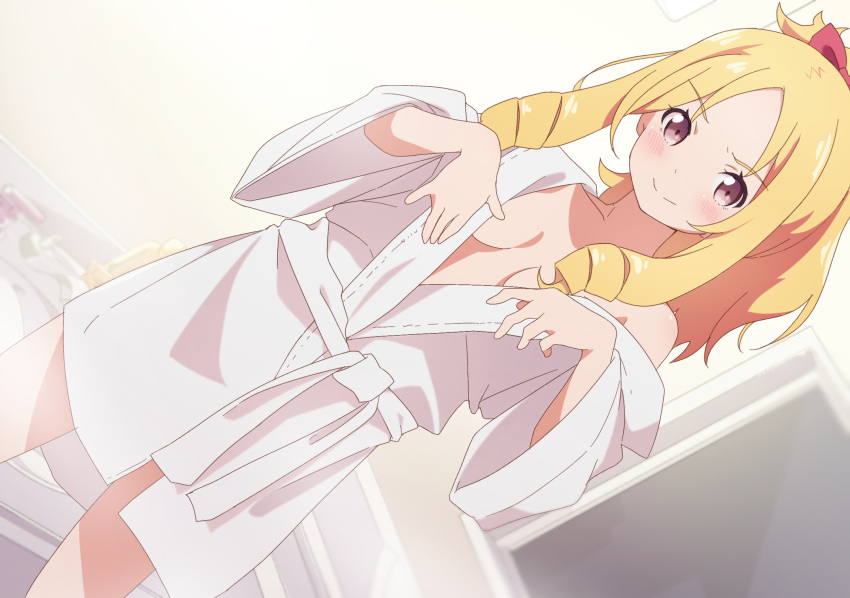 1girl bangs bathrobe bathroom bathtub blonde_hair blush bow breasts breasts_apart closed_mouth commentary dutch_angle eromanga_sensei forehead hair_bow highres indoors light_purple_eyes looking_at_viewer off_shoulder open_clothes open_robe open_window parted_bangs red_bow ringlets robe small_breasts smile solo suwakana window yamada_elf