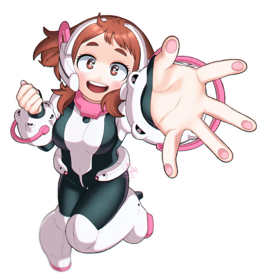 1girl :d blue_bodysuit blush_stickers bodysuit boku_no_hero_academia boots brown_eyes brown_hair clenched_hand headgear high_heel_boots high_heels highres leg_up looking_at_viewer marumorumeme multicolored_bodysuit multicolored_clothes open_mouth outstretched_arm pink_bodysuit short_hair sidelocks signature simple_background smile solo standing standing_on_one_leg superhero teeth upper_teeth uraraka_ochako white_background