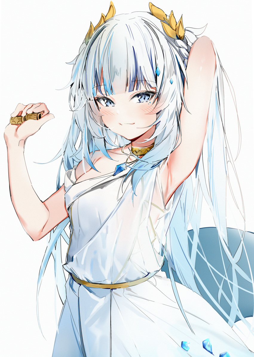 1girl absurdres arm_behind_head arm_up armpits bangs bare_arms blue_eyes blue_hair choker closed_mouth commentary cowboy_shot dress eyebrows_visible_through_hair gawr_gura hair_ornament highres holding hololive hololive_english laurel_crown long_hair looking_at_viewer multicolored_hair official_alternate_costume silver_(chenwen) silver_hair simple_background solo standing tail toga two-tone_hair very_long_hair virtual_youtuber white_background white_dress yellow_choker