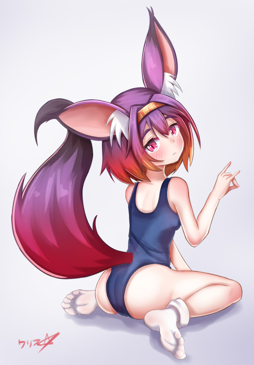 1girl \n/ absurdres animal_ear_fluff animal_ears blush boppin breasts eyebrows_visible_through_hair eyes_visible_through_hair fox_ears fox_girl fox_tail from_behind hatsuse_izuna highres looking_at_viewer looking_back medium_hair multicolored_hair no_game_no_life no_shoes orange_hair pink_eyes pink_hair purple_hair school_swimsuit signature simple_background sitting small_breasts socks soles solo swimsuit tail wariza white_legwear