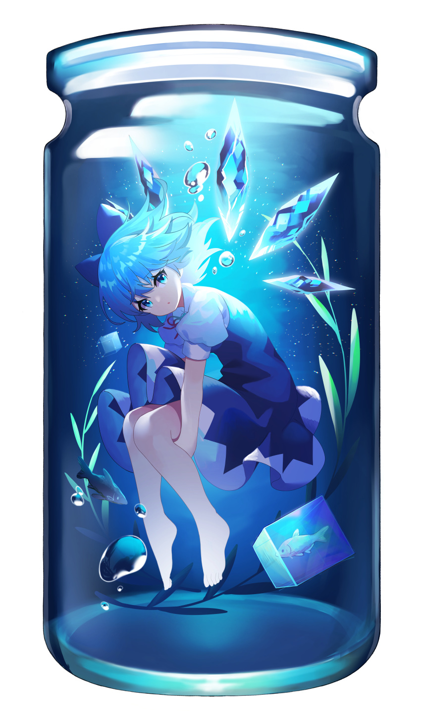 1girl absurdres air_bubble barefoot blue_bow blue_dress blue_eyes blue_hair bow bubble cirno dress fish hair_bow highres ice ice_cube ice_wings in_jar puffy_short_sleeves puffy_sleeves red_ribbon ribbon short_hair short_sleeves solo touhou underwater white_background wings yuujin_(yuzinn333)
